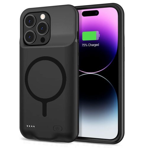 Apple iPhone 15 Pro, Szilikon tok, műanyag hátlap + Akkumulátor, 7000 mAh, LED-es, Magsafe töltővel kompatibilis, Tech-Protect PowerCase Magsafe, fekete